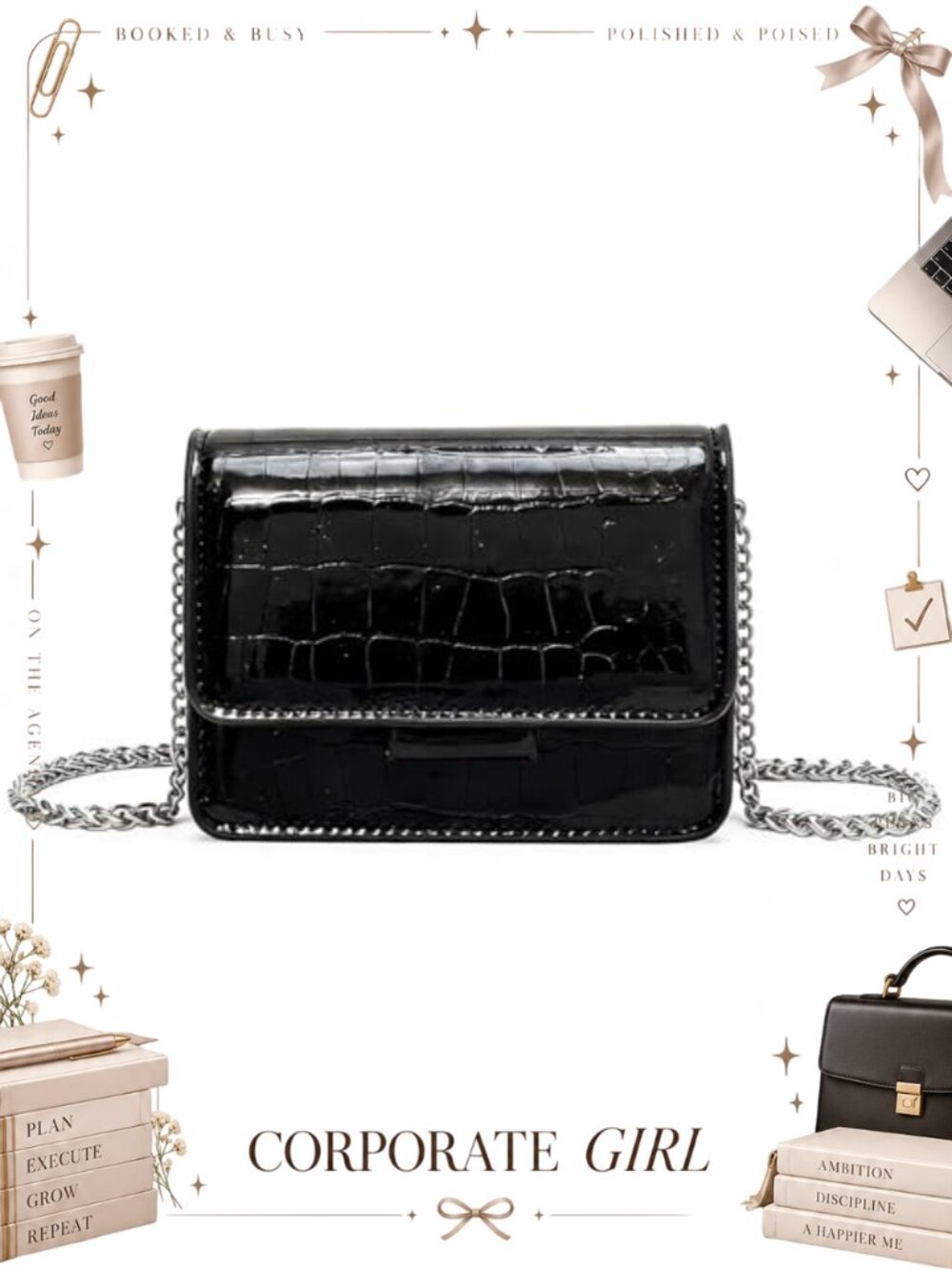 Patent PU Leather Crocodile Crossbody Bag with Silver Chain Strap
